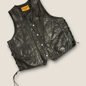 Mens Leather Motorcycle Biker Vest Black Dream Apparel Size 50 Lace Side V04